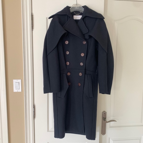 CHLOE Iconic Navy wool Ruffle Front Double Breasted Trench Coat - Picture 5 of 16